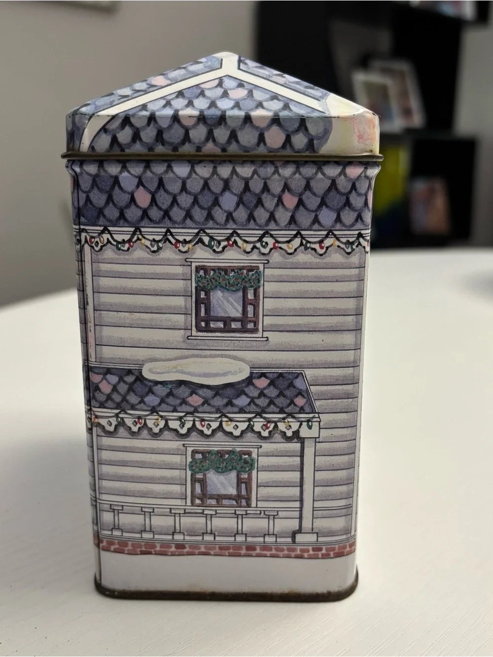 Vintage Holiday Village House Metal Tin – Christmas Snow Globe Scene Decor